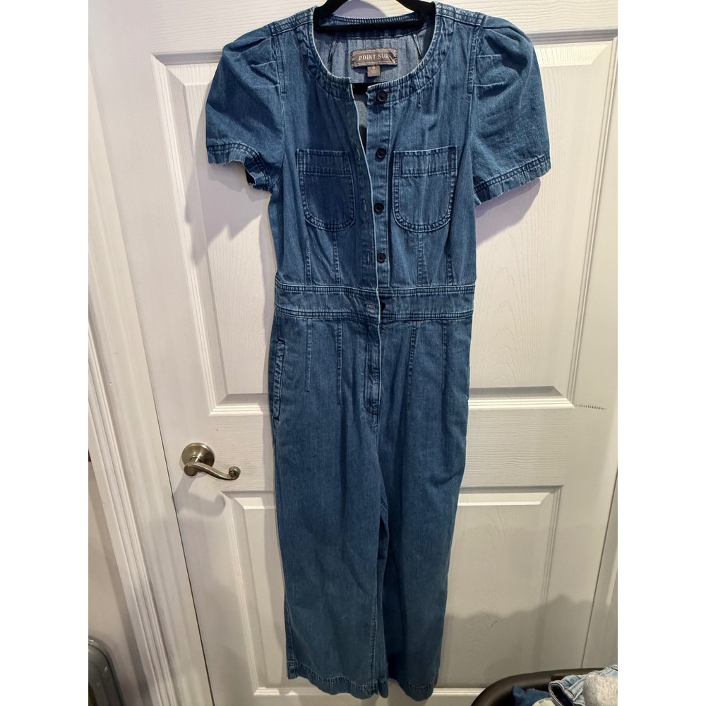 POINT SUR Denim Jumpsuit Wide Leg‎ Puff Sleeve Button Front Cropped